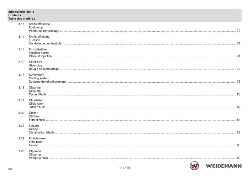 May include: A page from a manual with the title "Contents" in German, English, and French. The page lists various automotive components with corresponding page numbers, including fuel pump, fuel line, and glow plug.