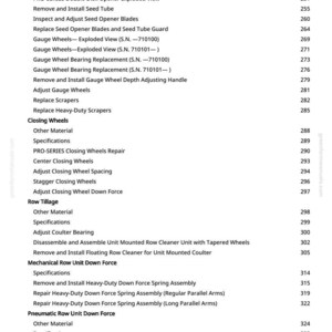 May include: A page from a manual with a list of agricultural equipment maintenance procedures. The text includes titles such as "Gauge Wheels," "Closing Wheels," and "Row Tillage," along with page numbers. The background is white.