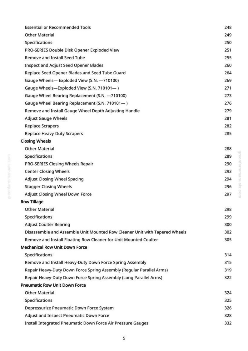 May include: A page from a manual with a list of agricultural equipment maintenance procedures. The text includes titles such as "Gauge Wheels," "Closing Wheels," and "Row Tillage," along with page numbers. The background is white.
