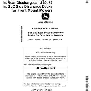 Puede incluir: Manual del operador John Deere blanco para plataformas de corte de descarga lateral y trasera. El manual incluye advertencias sobre los gases de escape di&eacute;sel y gasolina. Cubre plataformas de 152 y 183 cm.