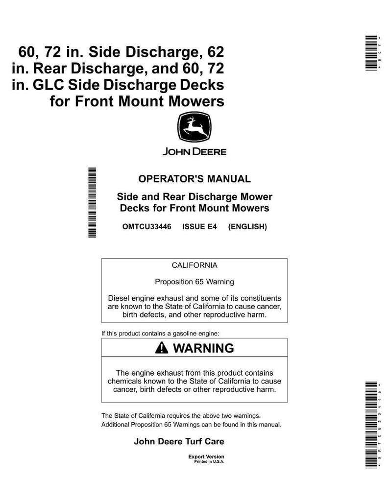 Puede incluir: Manual del operador John Deere blanco para plataformas de corte de descarga lateral y trasera. El manual incluye advertencias sobre los gases de escape di&eacute;sel y gasolina. Cubre plataformas de 152 y 183 cm.