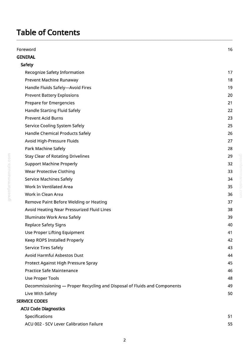 May include: A white page titled "Table of Contents" with a list of safety topics. The list includes topics like "Prevent Machine Runaway", "Handle Fluids Safely", and "Avoid High-Pressure Fluids". Page numbers are on the right.
