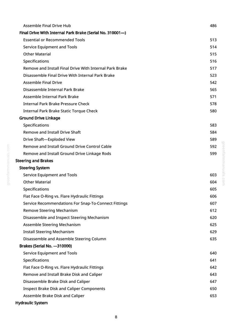 May include: A page from a manual with a table of contents for automotive repair. The text includes sections on brakes, steering, and hydraulic systems, with page numbers listed on the right.