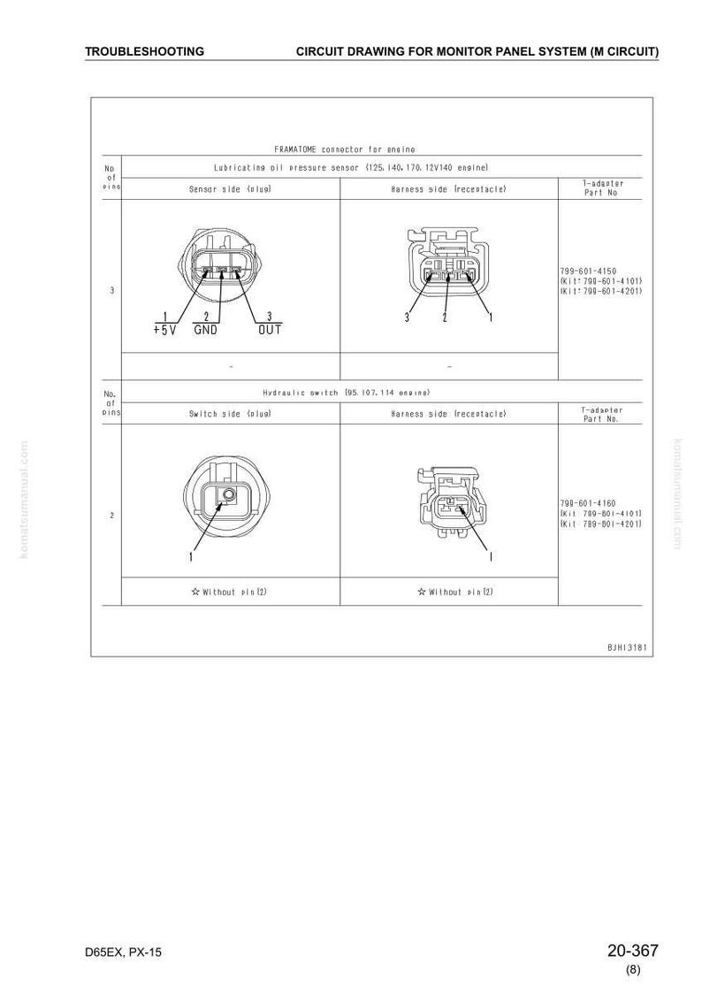 K&ouml;nnte beinhalten: Schaltplan f&uuml;r ein Monitorpanelsystem mit beschrifteten Anschl&uuml;ssen und Verdrahtungsdetails. Enth&auml;lt Diagramme f&uuml;r den Schmier&ouml;ldrucksensor und den Hydraulikschalter, mit Teilenummern und Pin-Konfigurationen.