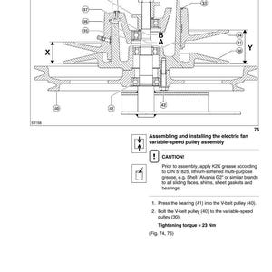 Peut inclure: Sch&eacute;ma technique d'un ventilateur, avec une vue en coupe des composants num&eacute;rot&eacute;s et lettr&eacute;s. Instructions de montage et mise en garde concernant l'application de graisse. Le couple de serrage est de 23 Nm.