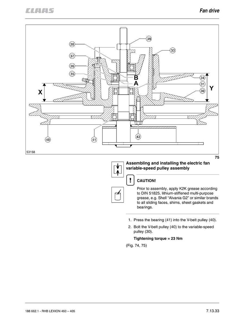 Peut inclure: Sch&eacute;ma technique d'un ventilateur, avec une vue en coupe des composants num&eacute;rot&eacute;s et lettr&eacute;s. Instructions de montage et mise en garde concernant l'application de graisse. Le couple de serrage est de 23 Nm.