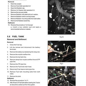 May include: A page from a workshop service manual for a tractor, detailing radiator and fuel tank removal and refitment procedures. The manual includes diagrams with numbered components and step-by-step instructions for maintenance.