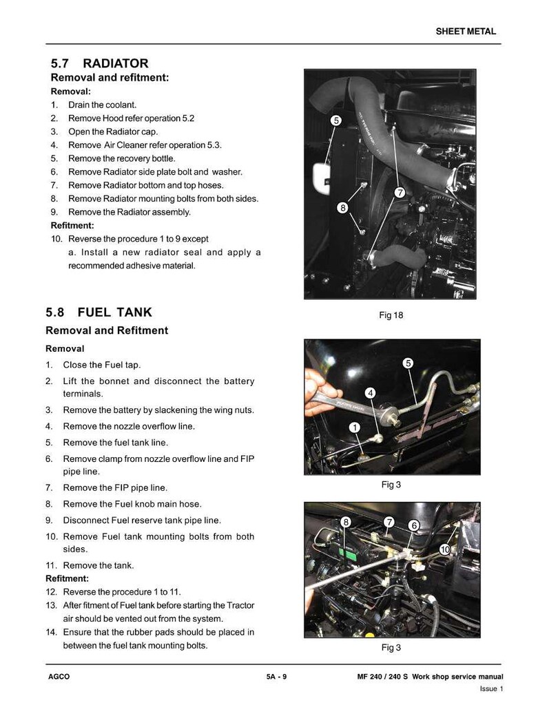 May include: A page from a workshop service manual for a tractor, detailing radiator and fuel tank removal and refitment procedures. The manual includes diagrams with numbered components and step-by-step instructions for maintenance.