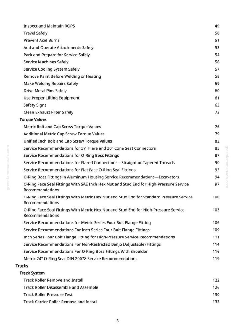 May include: A page from a manual with a table of contents. The text includes safety instructions, torque values, and service recommendations for various mechanical components. The page number is 3.