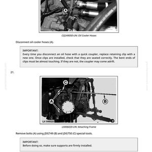 Op de afbeelding: Zwart-wit diagram van auto-onderdelen, waaronder oliekoelerslangen en een bevestigingsframe. Tekst bevat instructies voor het loskoppelen van slangen en het verwijderen van bouten met speciaal gereedschap. De afbeelding komt uit een handleiding.