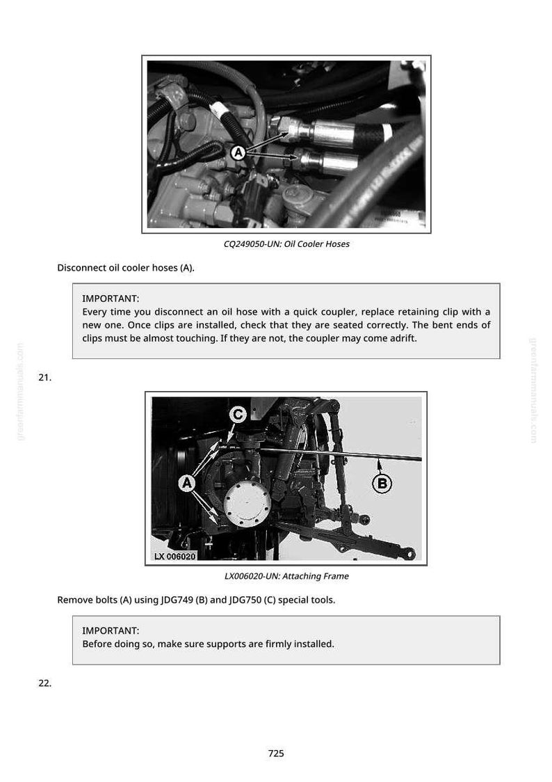 Op de afbeelding: Zwart-wit diagram van auto-onderdelen, waaronder oliekoelerslangen en een bevestigingsframe. Tekst bevat instructies voor het loskoppelen van slangen en het verwijderen van bouten met speciaal gereedschap. De afbeelding komt uit een handleiding.