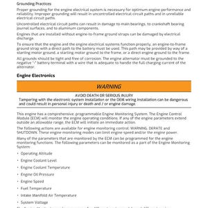 May include: A page from a manual with text about engine electronics, grounding practices, and safety warnings. The text includes information on engine monitoring systems and potential hazards. The page has a warning section.