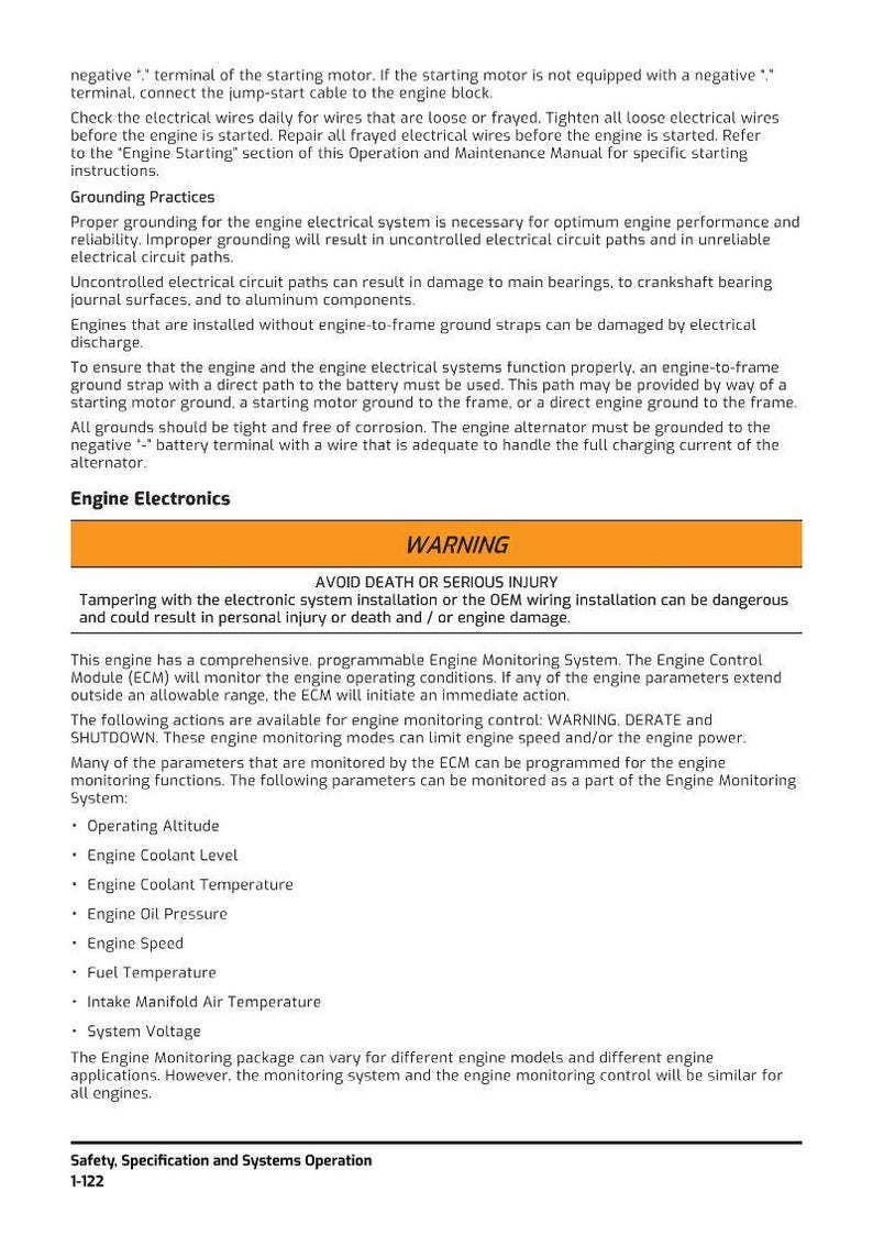 May include: A page from a manual with text about engine electronics, grounding practices, and safety warnings. The text includes information on engine monitoring systems and potential hazards. The page has a warning section.