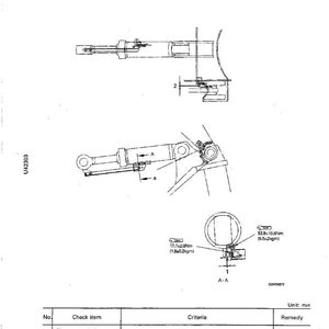 May include: Technical diagram with the text "MAINTENANCE STANDARD" and "BUCKET POSITIONER AND BOOM KICK-OUT." It includes detailed line drawings of mechanical components, measurements in mm, and a table with check items and criteria.