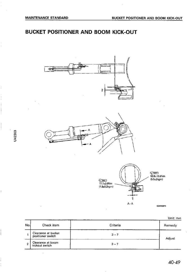May include: Technical diagram with the text "MAINTENANCE STANDARD" and "BUCKET POSITIONER AND BOOM KICK-OUT." It includes detailed line drawings of mechanical components, measurements in mm, and a table with check items and criteria.
