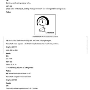 May include: A white page with text and diagrams related to machinery operation. The text includes instructions, results, and actions for calibrating a lift cylinder and raise limit control. A diagram shows a gauge with a needle and lever.