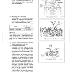 May include: Diagram illustrating inspection and adjustment procedures for a 4-valve cylinder head. Includes labeled diagrams of valve clearance adjustment and tightening bolts. Text includes instructions and measurements in mm.