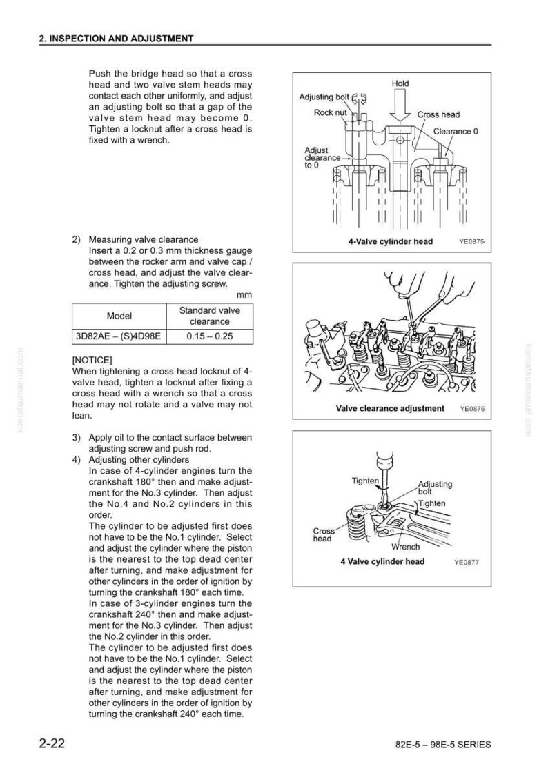 May include: Diagram illustrating inspection and adjustment procedures for a 4-valve cylinder head. Includes labeled diagrams of valve clearance adjustment and tightening bolts. Text includes instructions and measurements in mm.