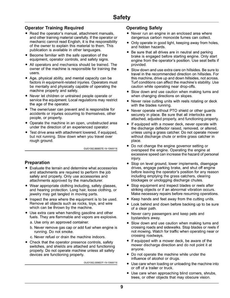May include: A page from a safety manual, detailing operator training, preparation, and operating safely guidelines. Includes bullet points with instructions and warnings for equipment use, emphasizing caution and safe practices.