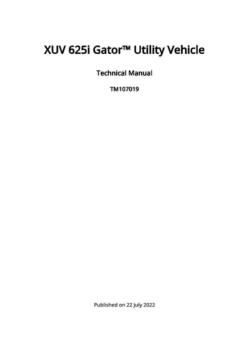 May include: White cover of a technical manual for the XUV 625i Gator Utility Vehicle. The title is in bold black font. Below the title is "Technical Manual" and the code TM107019.