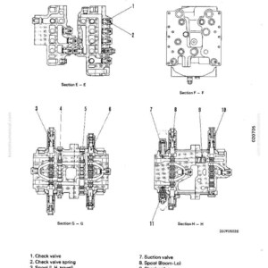Pu&ograve; includere: Diagramma tecnico di componenti idraulici, tra cui valvole di ritegno, bobine e valvole di aspirazione. L'illustrazione in bianco e nero mostra sezioni e etichette dettagliate.