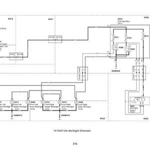 K&ouml;nnte beinhalten: Schwarz-wei&szlig; Schaltplan eines Arbeitslichtsystems mit beschrifteten Komponenten und Kabelverbindungen. Das Diagramm enth&auml;lt den Text "Worklight Schematic" und "YC15207-UN".