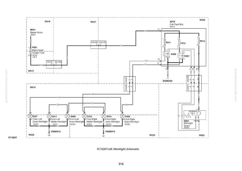 K&ouml;nnte beinhalten: Schwarz-wei&szlig; Schaltplan eines Arbeitslichtsystems mit beschrifteten Komponenten und Kabelverbindungen. Das Diagramm enth&auml;lt den Text "Worklight Schematic" und "YC15207-UN".
