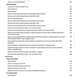 May include: A detailed table of contents from a manual, listing automotive repair procedures. The text includes sections on the exhaust system, fuel and air systems, and air intake system, with page numbers.