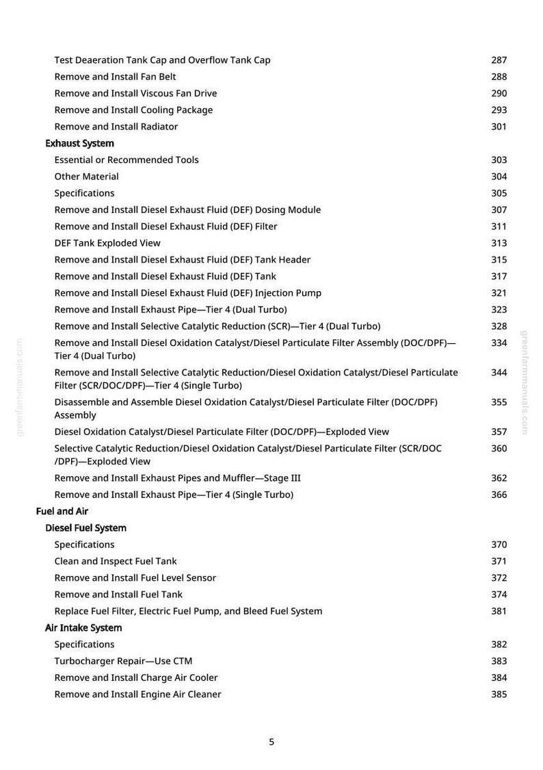May include: A detailed table of contents from a manual, listing automotive repair procedures. The text includes sections on the exhaust system, fuel and air systems, and air intake system, with page numbers.