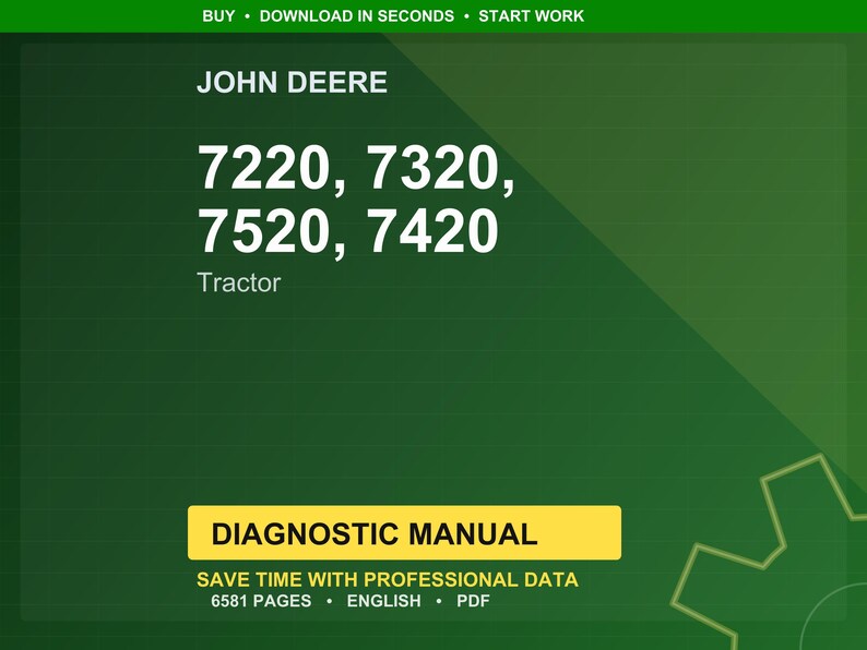 Puede incluir: Un fondo verde con el logotipo de John Deere y los n&uacute;meros de modelo de tractor 7220, 7320, 7520 y 7420 en blanco. Debajo de los n&uacute;meros, la palabra "Tractor". Una pancarta amarilla dice "DIAGNOSTIC MANUAL".