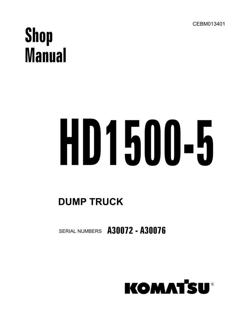 May include: A white shop manual with black text. The title reads "Shop Manual" above "HD1500-5 DUMP TRUCK". Serial numbers A30072 - A30076 are listed. The Komatsu logo is at the bottom.