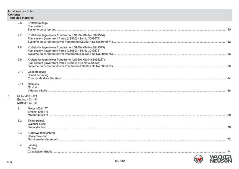 May include: A page from a manual with the title "Contents" in English, German, and French. The document lists various engine and fuel system components, including "Fuel system" and "Oil drain."
