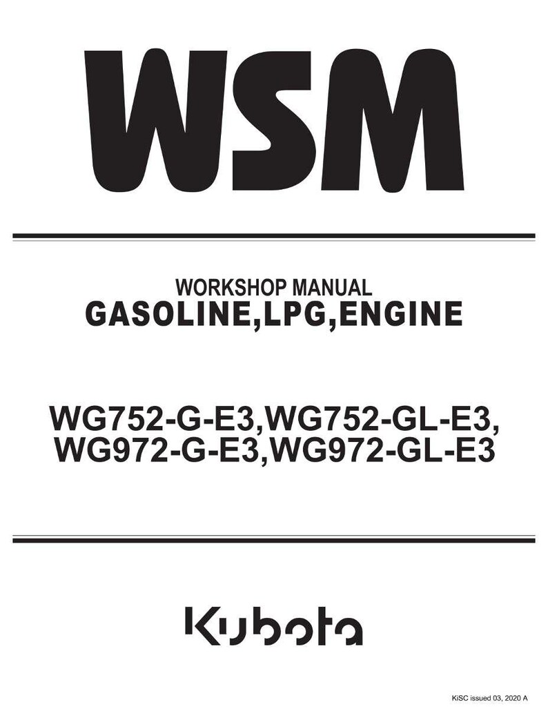 May include: A white document with black text. The text reads "WSM" at the top, followed by "WORKSHOP MANUAL GASOLINE, LPG, ENGINE." Below are model numbers. The Kubota logo is at the bottom.