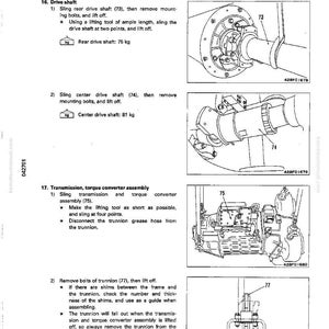Op de afbeelding: Technische tekening uit een Komatsu-handleiding, met details over de assemblageprocedures van de aandrijfas en de transmissie. Bevat illustraties van componenten die zijn gelabeld met nummers en gewichtsmetingen in kilogram. De pagina is wit met zwarte tekst en diagrammen.