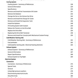 Może przedstawiać: Strona z instrukcji z szczeg&oacute;łowym spisem treści dla system&oacute;w motoryzacyjnych, w tym paliwa, wlotu powietrza, chłodzenia, wydechu i system&oacute;w elektrycznych. Tekst wymienia r&oacute;żne komponenty i procedury.