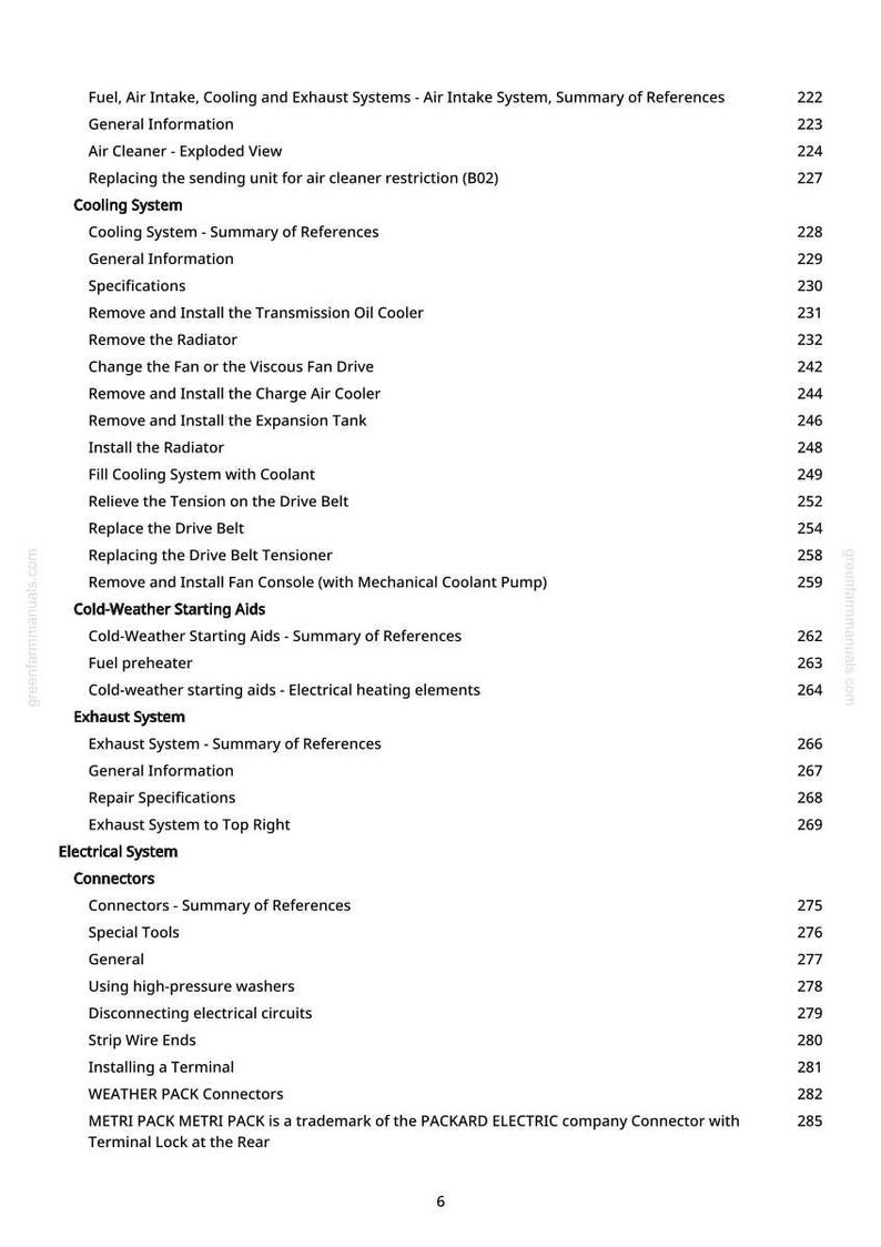 Może przedstawiać: Strona z instrukcji z szczeg&oacute;łowym spisem treści dla system&oacute;w motoryzacyjnych, w tym paliwa, wlotu powietrza, chłodzenia, wydechu i system&oacute;w elektrycznych. Tekst wymienia r&oacute;żne komponenty i procedury.