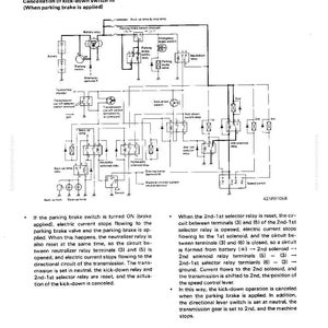 May include: Diagram of an electrical transmission control system, with labels and symbols. The diagram details the structure and function of the system, including the cancellation of the kick-down switch III when the parking brake is applied. Text is in English.