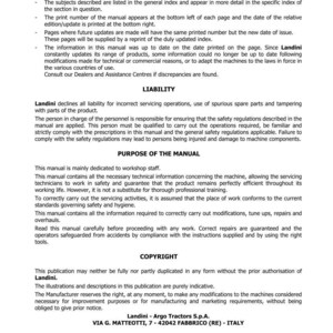 Puede incluir: Manual impreso para tractores Landini de la serie 4V-4F-4GT. Incluye secciones sobre introducci&oacute;n, responsabilidad, prop&oacute;sito y derechos de autor. El manual proporciona informaci&oacute;n t&eacute;cnica para el servicio y mantenimiento. La direcci&oacute;n del fabricante est&aacute; abajo.