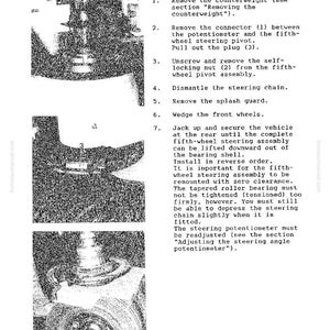 K&ouml;nnte beinhalten: Eine Seite aus einem Handbuch mit Anweisungen zum Aus- und Einbau einer F&uuml;nf-Rad-Lenkung. Der Text enth&auml;lt nummerierte Anweisungen und Diagramme der Komponenten der Baugruppe.