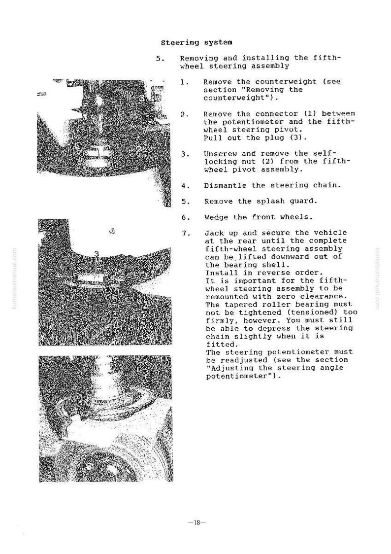 K&ouml;nnte beinhalten: Eine Seite aus einem Handbuch mit Anweisungen zum Aus- und Einbau einer F&uuml;nf-Rad-Lenkung. Der Text enth&auml;lt nummerierte Anweisungen und Diagramme der Komponenten der Baugruppe.