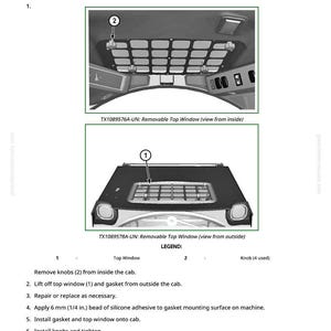May include: Diagram illustrating the removal and installation of a removable top window. Includes two views: one from inside the cab and another from the outside. Instructions and a legend are provided for clarity.