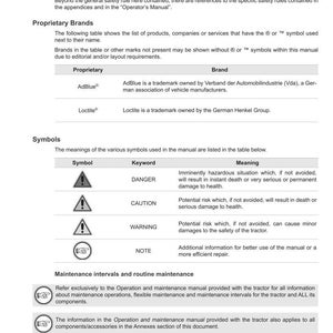 May include: A white manual page with the Argo Tractors logo and the title "INTRODUCTION." The document details safety rules and proprietary brands like AdBlue and Loctite. Symbols for danger, caution, and warning are also listed.