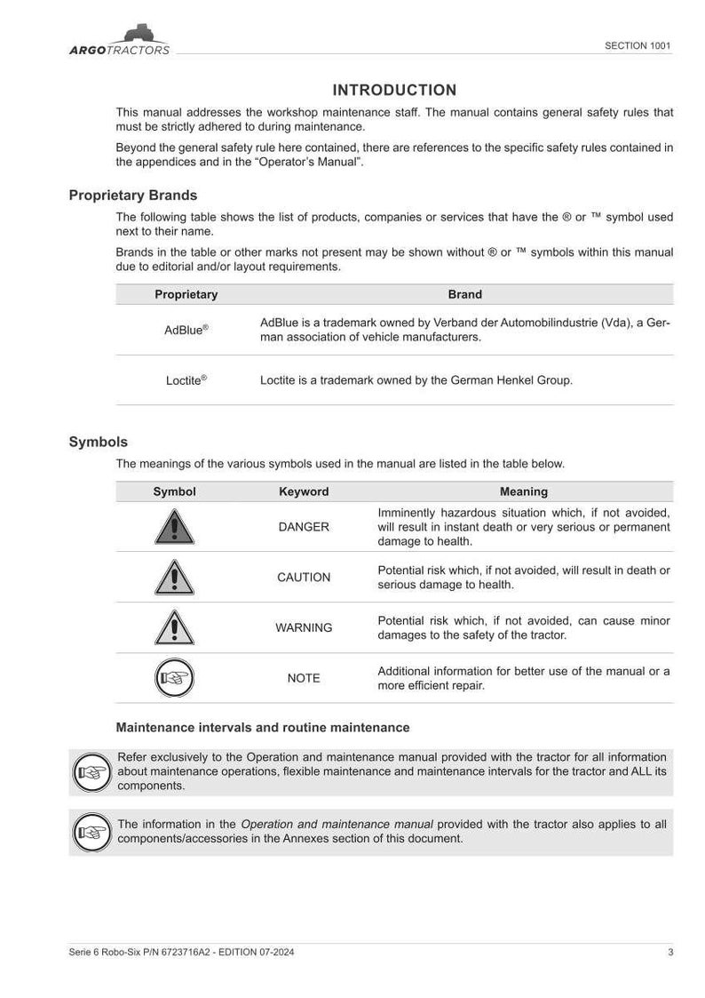 May include: A white manual page with the Argo Tractors logo and the title "INTRODUCTION." The document details safety rules and proprietary brands like AdBlue and Loctite. Symbols for danger, caution, and warning are also listed.