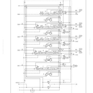 Op de afbeelding: Een gedetailleerd hydraulisch circuitschema met namen van kleppen, gelabeld met letters en cijfers. Het schema bevat elementen als RAISE, LOWER, LEFT en RIGHT, met tekst bovenaan die structuur en functie aangeeft.