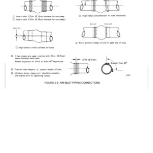 May include: Diagram illustrating air inlet piping connections, with detailed instructions for tube insertion, clamp alignment, and spacing. Includes measurements in inches and centimeters, and emphasizes correct and incorrect installation methods for optimal performance.