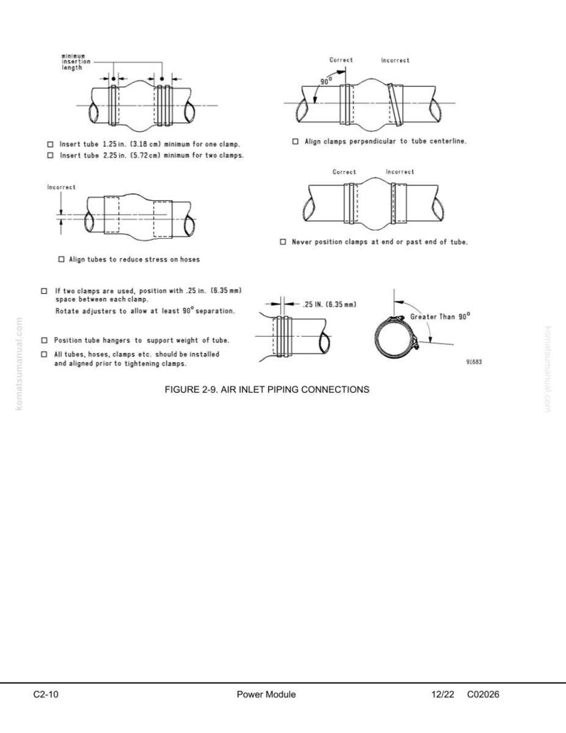 May include: Diagram illustrating air inlet piping connections, with detailed instructions for tube insertion, clamp alignment, and spacing. Includes measurements in inches and centimeters, and emphasizes correct and incorrect installation methods for optimal performance.