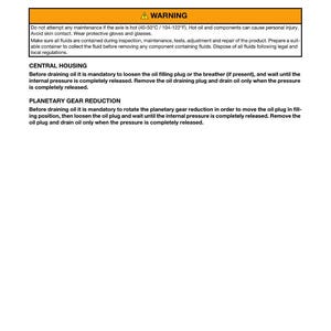 May include: A white page with the title "OIL DRAINING MANDATORY PROCEDURE" and safety instructions. The page includes a warning about hot oil and components, and instructions for draining oil from central housing and planetary gear reduction systems.