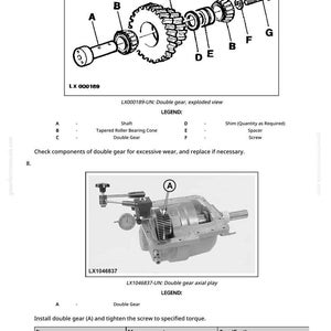 K&ouml;nnte beinhalten: Diagramm einer Doppelzahnradanordnung, Explosionsansicht, mit beschrifteten Komponenten wie Welle, Kegelrollenlager und Doppelzahnrad. Das Bild zeigt auch ein Axialspiel-Diagramm des Doppelzahnrads und eine Drehmoment-Spezifikationstabelle.