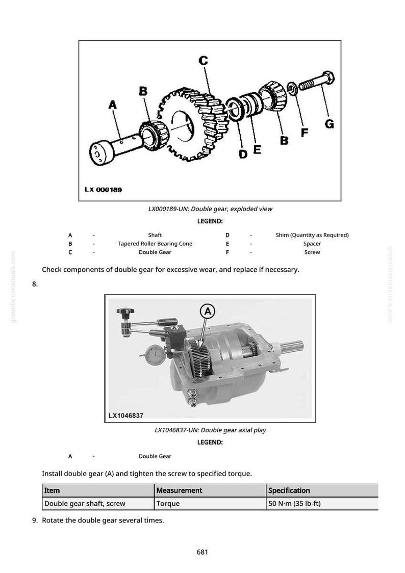 K&ouml;nnte beinhalten: Diagramm einer Doppelzahnradanordnung, Explosionsansicht, mit beschrifteten Komponenten wie Welle, Kegelrollenlager und Doppelzahnrad. Das Bild zeigt auch ein Axialspiel-Diagramm des Doppelzahnrads und eine Drehmoment-Spezifikationstabelle.