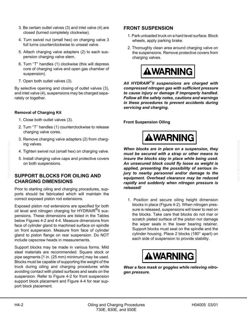May include: A page from a manual detailing front suspension maintenance, including warnings about compressed nitrogen gas and instructions for oiling and charging procedures. Includes diagrams and safety precautions.